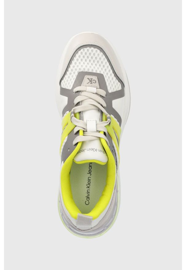 Calvin Klein Jeans sneakersy kolor szary. Nosek buta: okrągły. Zapięcie: sznurówki. Kolor: szary. Materiał: poliester, guma, skóra