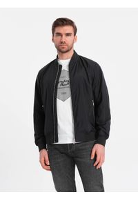 Ombre Clothing - Kurtka męska bomberka szwedka - czarna V7 - Rozmiar: S. Okazja: na co dzień. Kolor: czarny. Materiał: żakard, poliester, materiał. Wzór: gładki, jednolity. Styl: klasyczny, casual