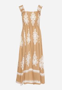 Born2be - Ciemnobeżowa Wiskozowa Sukienka o Rozkloszowanym Kroju w Ornamentny Wzór Adoxie. Okazja: na spacer, na co dzień. Kolor: beżowy. Materiał: wiskoza. Długość rękawa: na ramiączkach. Typ sukienki: rozkloszowane, proste. Styl: casual, klasyczny #3
