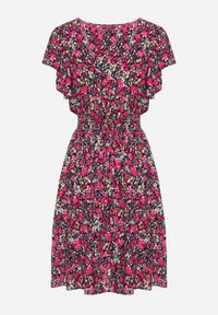 Born2be - Różowo-Czarna Bawełniana Sukienka z Gumką w Talii i Dekoltem w Serek o Kwiatowym Wzorze Doradea. Okazja: na co dzień. Typ kołnierza: dekolt w serek. Kolor: różowy. Materiał: bawełna. Długość rękawa: krótki rękaw. Wzór: kwiaty. Sezon: lato. Styl: wizytowy, casual, elegancki #7