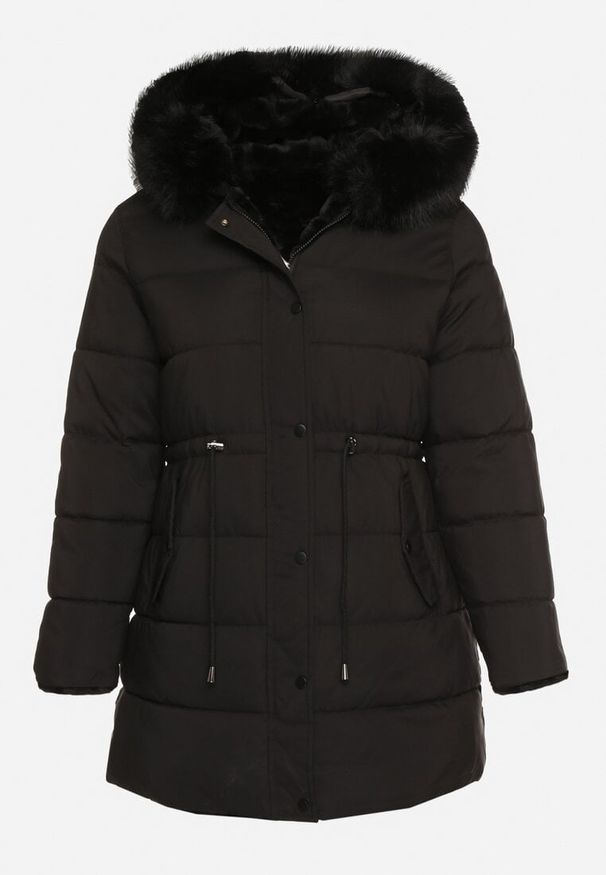 Born2be - Czarna Dwustronna Kurtka Futerko z Kapturem i Pikowaniem Falerina. Okazja: do pracy, na spacer. Typ kołnierza: kaptur. Kolekcja: plus size. Kolor: czarny. Materiał: futro. Wzór: gładki