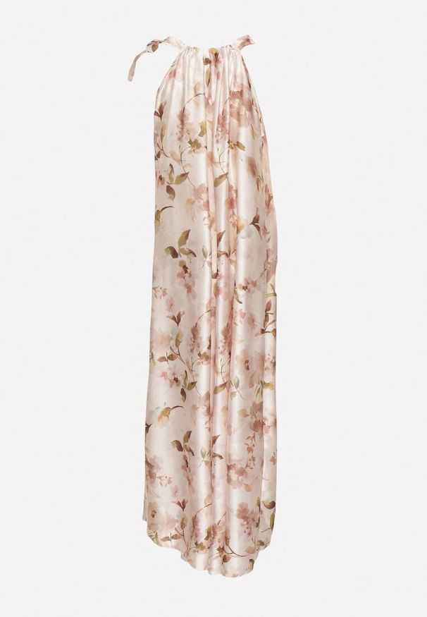 Born2be - Beżowa Satynowa Sukienka w Kwiaty Fenaresia. Okazja: na co dzień, na spacer. Kolor: beżowy. Materiał: satyna. Długość rękawa: na ramiączkach. Wzór: kwiaty. Sezon: lato. Typ sukienki: proste. Styl: casual, elegancki