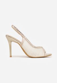 Born2be - Złote Siateczkowe Sandały VICES na Szpilce z Paskiem na Piętę i Cyrkoniami Doriata. Nosek buta: otwarty. Zapięcie: pasek. Kolor: złoty. Wzór: aplikacja. Materiał: skóra, materiał. Sezon: lato. Obcas: na szpilce. Styl: klasyczny. Wysokość obcasa: średni #9
