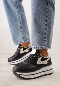 Born2be - Czarne Sneakersy na Grubej Podeszwie z Perforacją i Tweedowymi Wstawkami Idaphyphe. Okazja: na co dzień. Kolor: czarny. Materiał: jeans #1