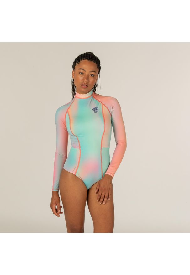 OLAIAN - Kostium kąpielowy jednoczęściowy surfingowy damski Olaian Dani Blur długi rękaw. Kolor: różowy. Materiał: materiał, tkanina, poliester, elastan. Długość: długie