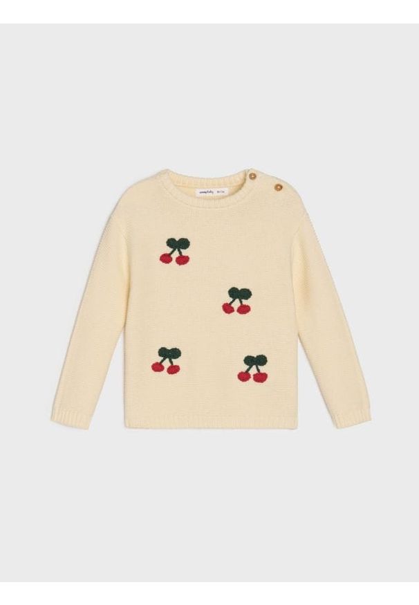 Sinsay - Sweter z haftowanymi wiśniami - kremowy. Kolor: kremowy. Wzór: haft