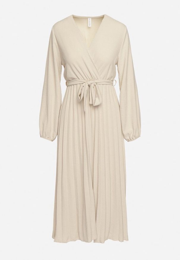 Born2be - Jasnobeżowa Sukienka Mesyre. Okazja: do pracy, na randkę. Typ kołnierza: dekolt w kształcie V. Kolor: beżowy. Materiał: materiał. Typ sukienki: kopertowe, plisowane. Długość: midi