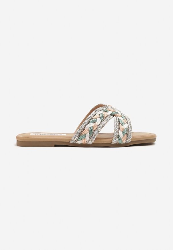 Born2be - Zielono-Beżowe Klapki z Plecionką w Stylu Boho Felmirella. Okazja: na co dzień. Kolor: zielony. Materiał: jeans. Styl: boho