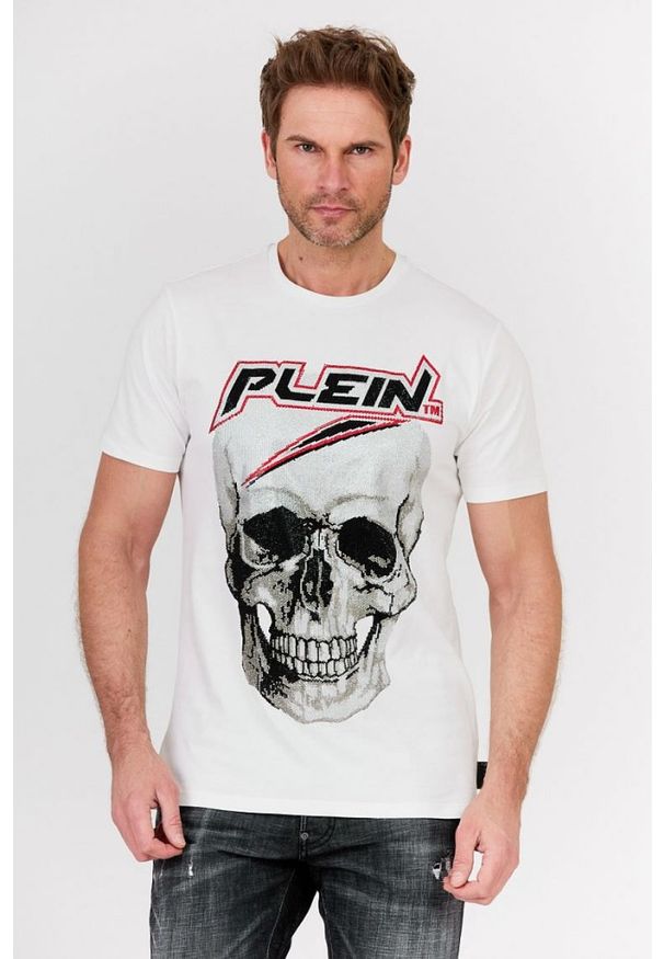 Philipp Plein - PHILIPP PLEIN Biały t-shirt męski Platinum cut round neck space plein. Kolor: biały. Materiał: prążkowany. Wzór: aplikacja