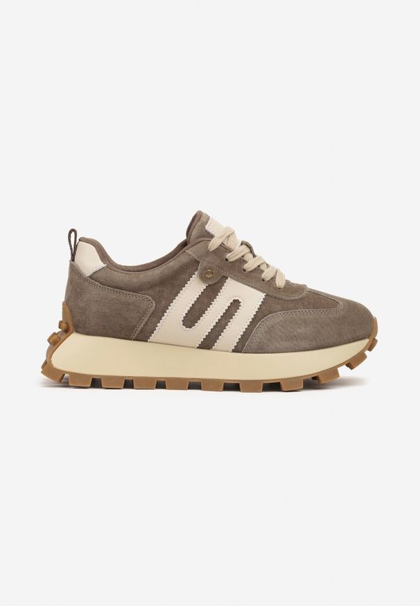 Renee - Ciemnobeżowe Sneakersy ze Skóry Naturalnej Ozdobione Geometrycznym Wzorem Melassea. Okazja: na co dzień. Kolor: beżowy. Materiał: skóra. Wzór: aplikacja, geometria