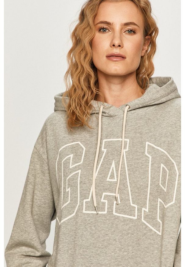 GAP - Bluza. Okazja: na co dzień. Typ kołnierza: kaptur. Kolor: szary. Materiał: dzianina. Długość rękawa: długi rękaw. Długość: długie. Styl: casual