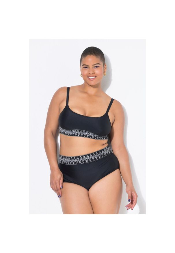 ULLA POPKEN - Damskie Figi od bikini wysoki stan pas z haftem. Stan: podwyższony. Kolekcja: plus size. Kolor: czarny. Materiał: poliester, elastan, poliamid, materiał. Wzór: haft