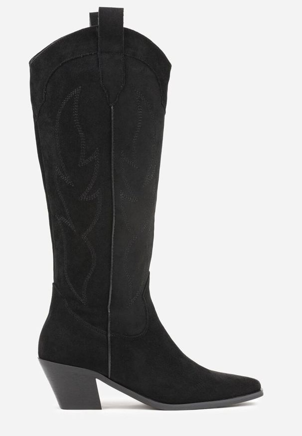 Renee - Czarne Haftowane Kozaki Kowbojki na Stożkowym Obcasie Galianna. Okazja: na co dzień. Kolor: czarny. Materiał: koronka, jeans. Wzór: haft. Obcas: na obcasie. Styl: casual. Wysokość obcasa: średni