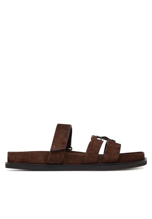 Tory Burch Klapki Ines Sport Slide 163481 Brązowy. Kolor: brązowy. Materiał: zamsz, skóra. Styl: sportowy