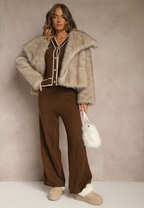 Renee - Brązowy Komplet z Dzianiny Spodnie Wide Leg i Retro Kardigan Giosila. Kolekcja: plus size. Kolor: brązowy. Materiał: dzianina