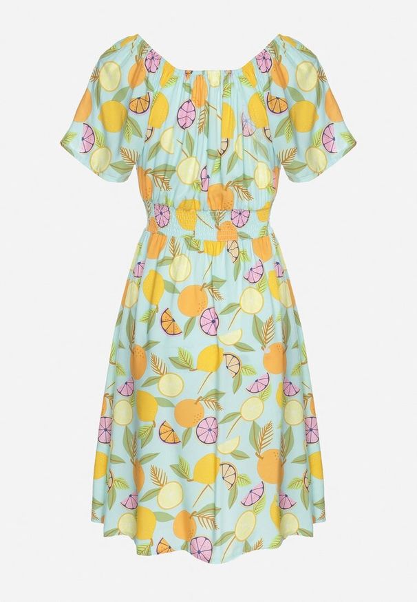 Born2be - Jasnoniebieska Sukienka Hiszpanka z Bawełną i Motywem Cytrusów Avfila. Okazja: na co dzień. Typ kołnierza: dekolt hiszpanka. Kolor: niebieski. Materiał: bawełna. Sezon: lato. Styl: elegancki, casual