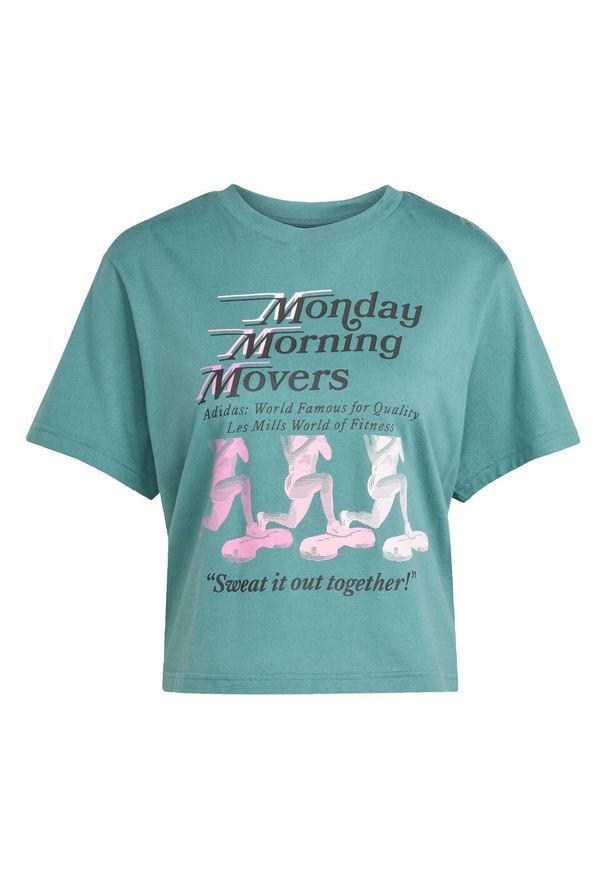 Adidas - Koszulka Lesmills Movers Graphic. Kolor: niebieski. Materiał: dzianina. Wzór: nadruk. Sport: fitness