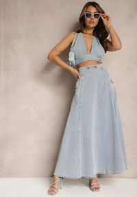 Renee - Jasnoniebieska Bawełniana Spódnica Maxi Rozkloszowana z Jeansu z Ozdobnym Łańcuszkiem Viralle. Kolor: niebieski. Materiał: jeans, bawełna. Sezon: lato. Styl: elegancki, boho #4
