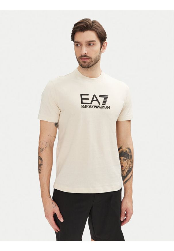 EA7 Emporio Armani T-Shirt 7M000224 AF10375 M1013 Beżowy Regular Fit. Kolor: beżowy. Materiał: bawełna