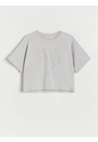 Reserved - Bawełniany t-shirt z aplikacją - jasnoszary. Kolor: szary. Materiał: bawełna. Wzór: aplikacja #1