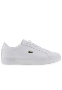Buty Lacoste Powercourt 741SUJ0014-21G - białe. Okazja: na co dzień. Kolor: biały. Materiał: skóra, guma, syntetyk. Szerokość cholewki: normalna. Wzór: napisy. Sport: turystyka piesza