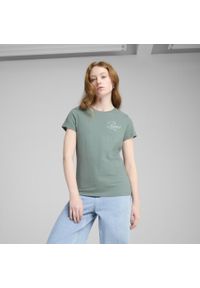 Puma - Damska koszulka ESS SCRIPT PUMA Green Moon. Kolor: zielony. Wzór: haft. Sport: fitness