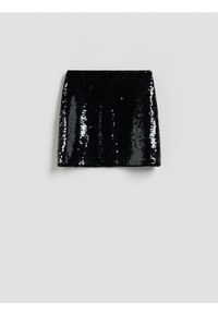 Reserved - Cekinowa spódnica mini - czarny. Kolor: czarny. Materiał: dzianina #1