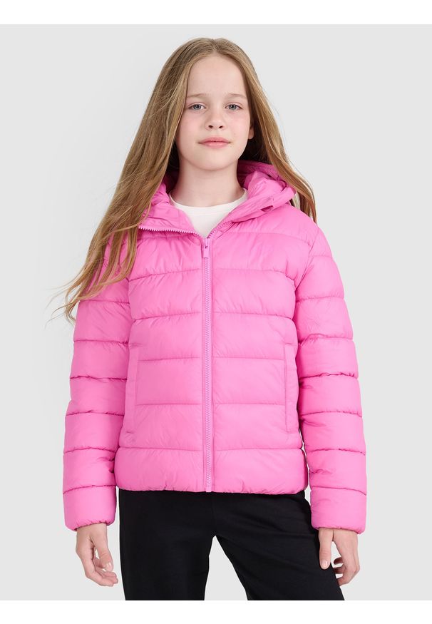 4f - 4F Kurtka puchowa z wypełnieniem syntetycznym dziewczęca - różowa 164 (13-14 lat). Okazja: na co dzień. Typ kołnierza: kaptur, kołnierzyk stójkowy. Kolor: różowy. Materiał: puch, syntetyk. Długość: długie. Sezon: lato. Styl: sportowy, klasyczny, elegancki, casual