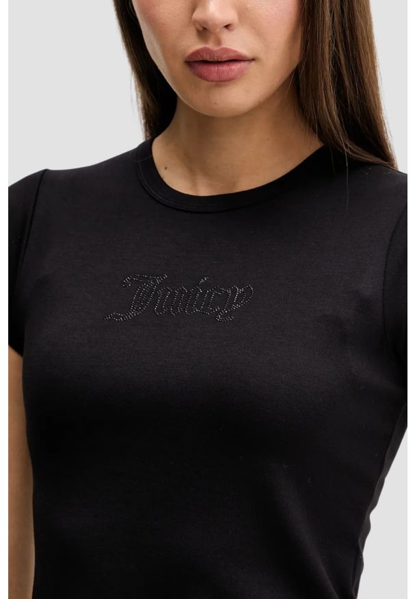 Juicy Couture - JUICY COUTURE Czarny damski t-shirt Capped Baby Sleeve, Rozmiar S. Okazja: na co dzień. Kolor: czarny. Materiał: materiał. Długość rękawa: krótki rękaw. Długość: krótkie. Styl: casual, klasyczny