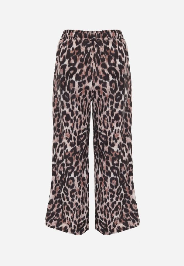 Renee - Panterkowe Spodnie High Waist Wide Leg z Koronkowym Wiązaniem w Talii Leanta. Stan: podwyższony. Kolekcja: plus size. Materiał: koronka. Długość: krótkie