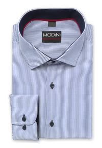 Modini - Biało-niebieska koszula męska w prążki Y57. Kolor: niebieski, biały, wielokolorowy. Materiał: tkanina, poliester, bawełna. Wzór: prążki #1