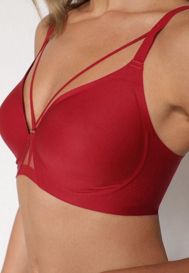 Born2be - Bordowy Biustonosz z Ozdobnymi Paskami Zetessa. Kolor: czerwony. Materiał: jeans. Wzór: paski