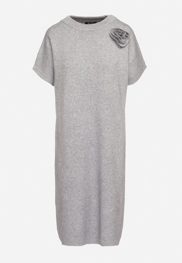 Born2be - Szara Sukienka z Wiskozą Bawełną i Odpinanym Kwiatem 3D Zeiada. Kolor: szary. Materiał: wiskoza, bawełna. Wzór: kwiaty