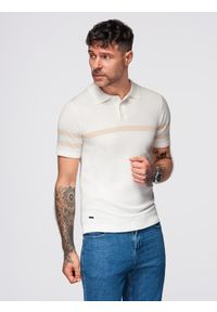 Ombre Clothing - Męska koszulka polo z miękkiej dzianiny z kontrastowymi pasami - kremowa V3 - Rozmiar: XL. Okazja: na co dzień. Typ kołnierza: polo. Kolor: kremowy. Materiał: dzianina. Długość: krótkie. Wzór: paski. Styl: casual #3