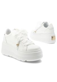 CheBello - Sneakersy damskie Chebello, model na podwyższonej platformie z cholewką ze skóry naturalnej, wiązany szerokimi tasiemkami, z masywną podeszwą o wyraź. Okazja: na co dzień. Kolor: biały. Materiał: skóra. Szerokość cholewki: normalna. Wzór: grochy. Obcas: na platformie. Styl: casual, elegancki, sportowy, klasyczny #2