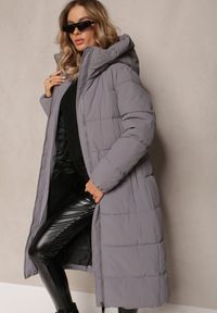 Renee - Szara Długa Kurtka Płaszcz z Pikowaniem oraz Kapturem Madirre. Okazja: na co dzień. Kolor: szary. Materiał: jeans, tkanina. Długość: długie. Sezon: zima. Styl: casual, elegancki #4