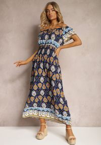 Renee - Granatowa Sukienka na Lato z Bawełny z Modelującą Gumką w Talii Deorna. Kolor: niebieski. Materiał: bawełna. Sezon: lato #5