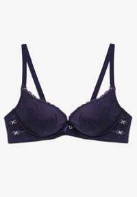 Renee - Granatowy Biustonosz z Koronki Typu Push-Up z Usztywnionymi Miseczkami i Zdobieniami Ellalli. Kolor: niebieski. Materiał: koronka. Rodzaj stanika: push-up. Wzór: aplikacja, koronka