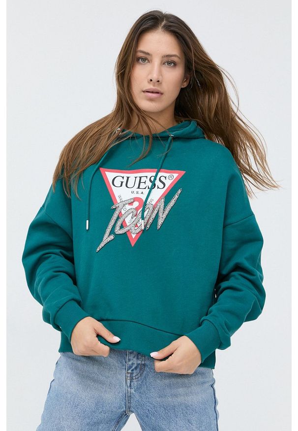Guess - Bluza. Okazja: na co dzień. Kolor: zielony. Materiał: dzianina. Długość rękawa: długi rękaw. Długość: długie. Wzór: aplikacja. Styl: casual