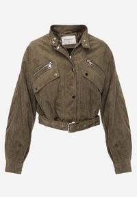 Born2be - Ciemnobeżowa Kurtka z Imitacji Zamszu w Stylu Utility z Suwakami i Paskiem Birasa. Okazja: na co dzień. Kolor: beżowy. Materiał: zamsz. Wzór: gładki. Styl: casual, elegancki, rockowy #5