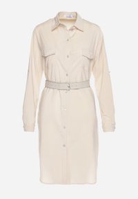 Born2be - Beżowa Sukienka o Koszulowym Fasonie z Paskiem z Cyrkoniami w Komplecie Iosali. Kolor: beżowy. Typ sukienki: koszulowe. Styl: elegancki, klasyczny #7