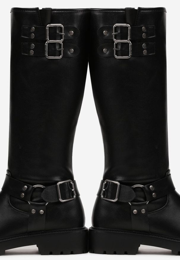 Renee - Czarne Kozaki Biker z Ozdobną Klamerką Verine. Okazja: na co dzień. Zapięcie: klamry. Kolor: czarny. Materiał: jeans, skóra. Styl: elegancki, casual