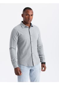 Ombre Clothing - Męska koszula dzianinowa SLIM FIT z długim rękawem – szara V5. Kolor: czarny. Materiał: dzianina. Długość rękawa: długi rękaw. Długość: długie #4