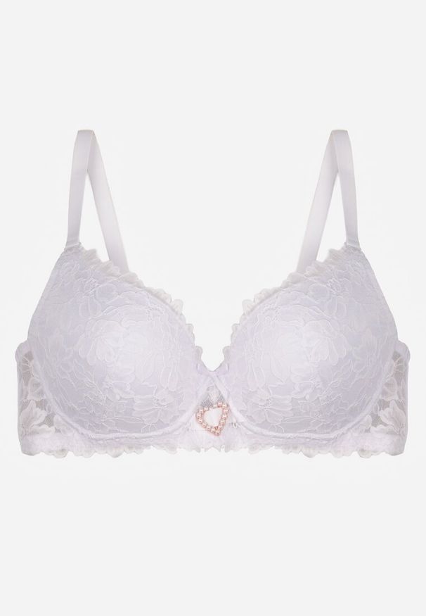 Renee - Biały Koronkowy Biustonosz Ozdobiony Cyrkoniowym Sercem Bothilei. Kolor: biały. Materiał: koronka. Wzór: aplikacja