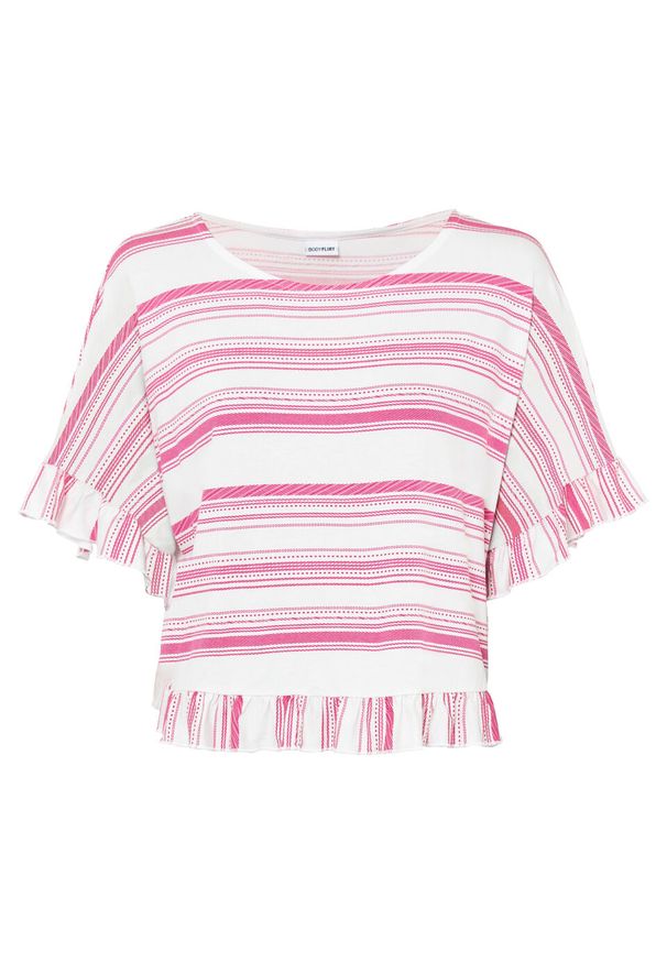 Shirt oversize bonprix różowo-biały w paski. Kolor: różowy. Wzór: paski