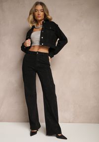 Renee - Czarne Szerokie Jeansy z Bawełną High Waist z Cyrkoniami Aslevia. Okazja: na co dzień. Stan: podwyższony. Kolor: czarny. Wzór: aplikacja. Styl: casual, elegancki #5