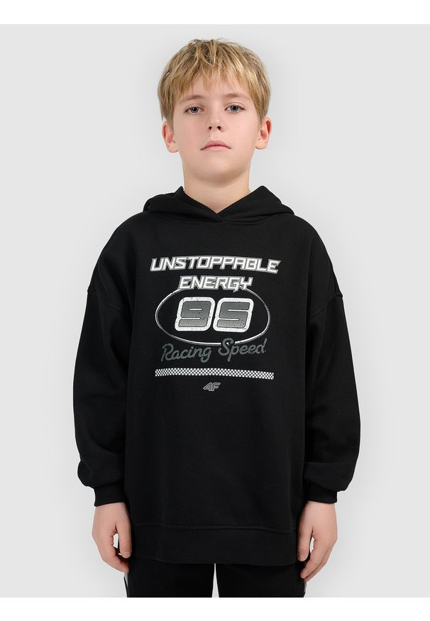4f - 4F Bluza dresowa loose z kapturem chłopięca - czarna 134/140 (8-10 lat). Okazja: na co dzień, na spacer, na uczelnię. Typ kołnierza: kaptur. Kolor: czarny. Materiał: dresówka. Sezon: lato. Styl: klasyczny, casual