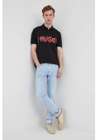 Hugo - HUGO polo bawełniane 50468259 kolor czarny z nadrukiem. Typ kołnierza: polo. Kolor: czarny. Materiał: bawełna. Długość: krótkie. Wzór: nadruk #2