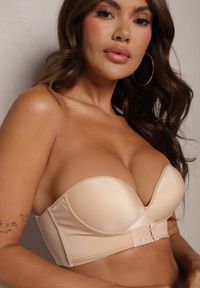 Renee - Beżowy Biustonosz Miseczka D Push Up Zapinany z Przodu z Dodatkowym Ramiączkiem przez Szyję Monaria. Kolor: beżowy. Materiał: jeans. Rodzaj stanika: push-up #5
