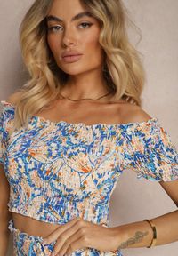 Renee - Niebieski Bawełniany Komplet Bluzka Hiszpanka Szorty High Waist z Falbankami Testamara. Kolor: niebieski. Materiał: bawełna